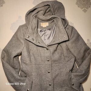 Michael Kors Wool Coat, Womens Size 10 Hooded Pea Coat, Gray